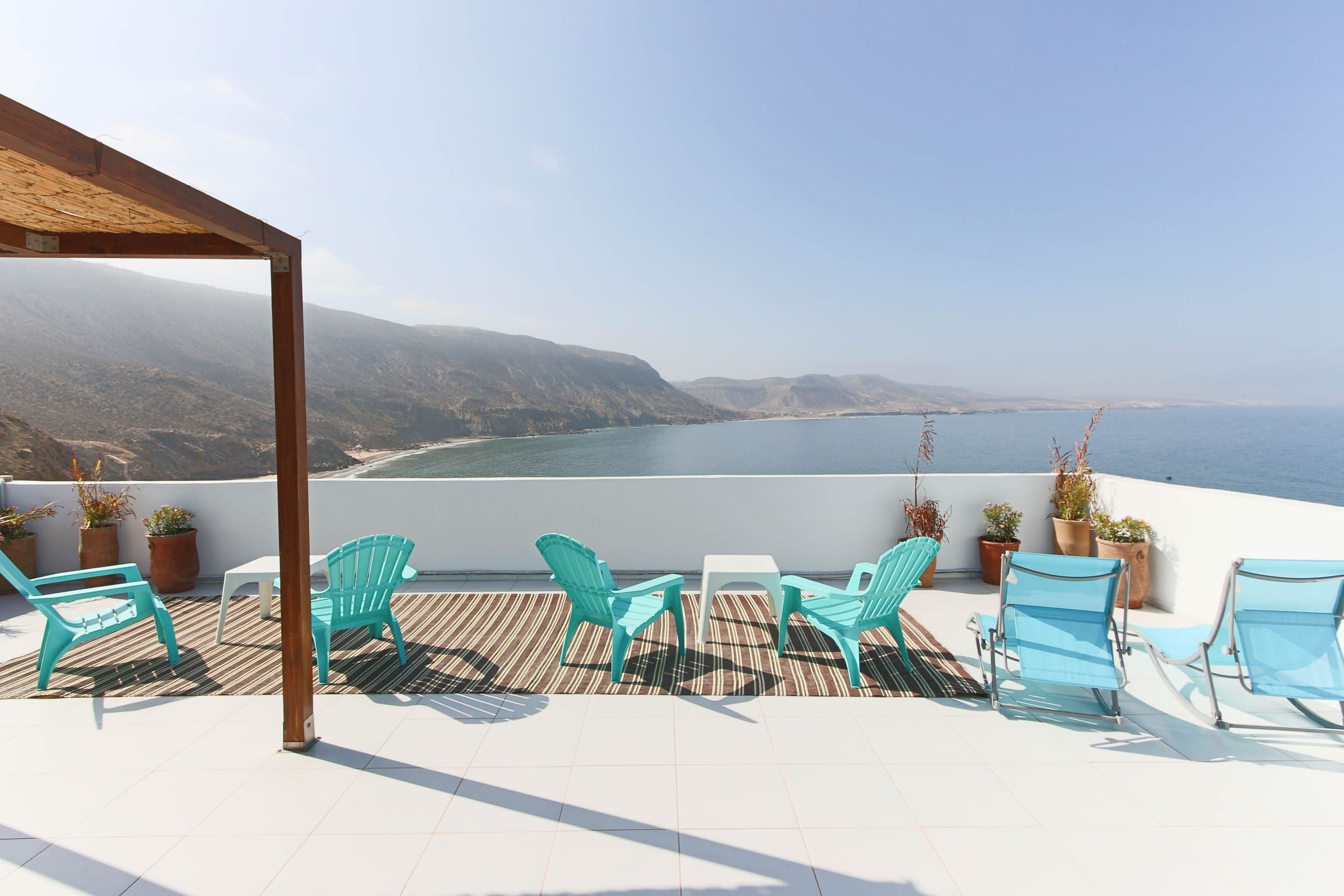 Turquoise chairs facing the bay